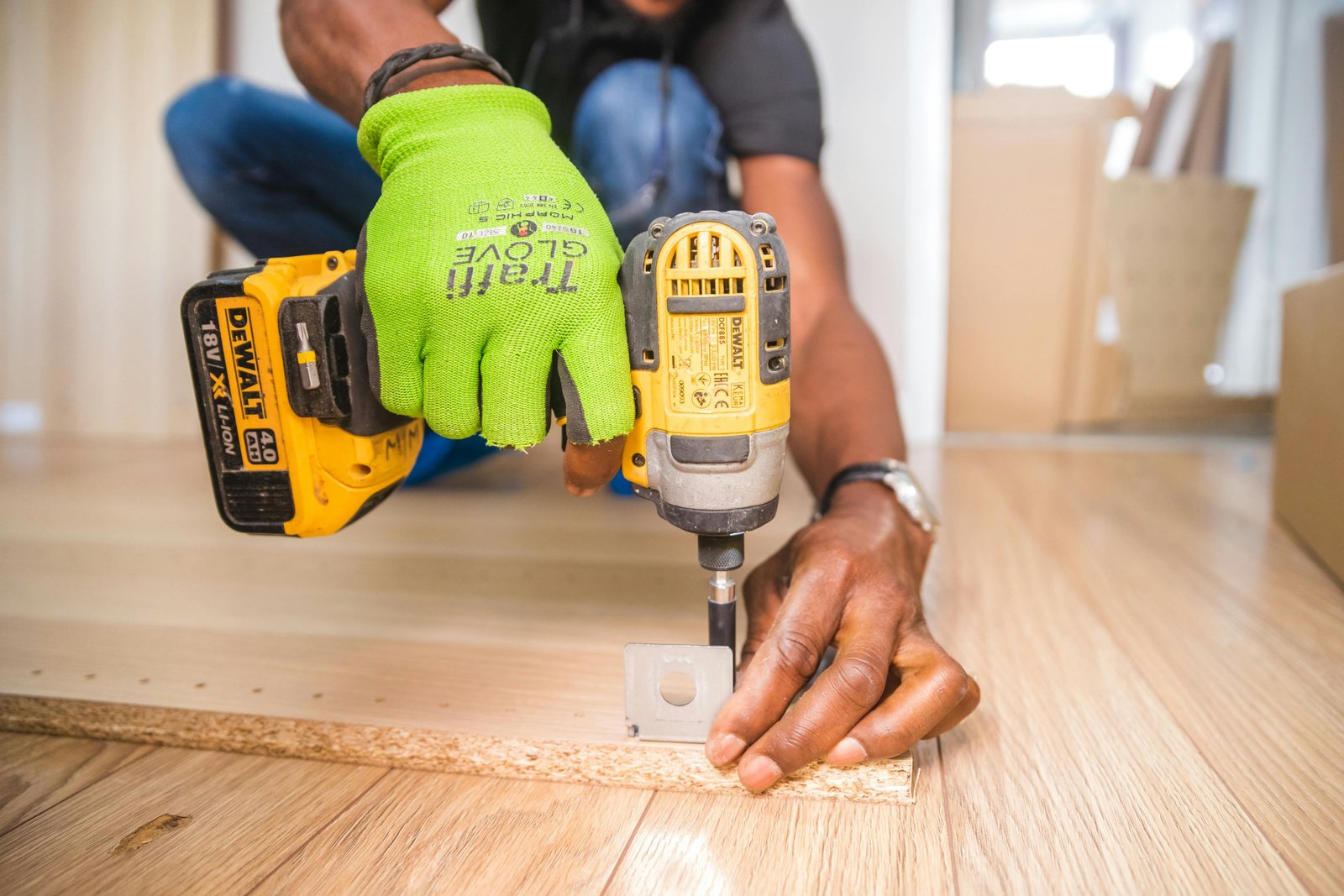 Home Man using a power drill for home improvement on a wooden floor with precision.