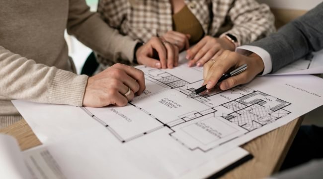 pexels photo 7641859 7641859 Group examining house floor plans with a real estate agent, highlighting home buying process.
